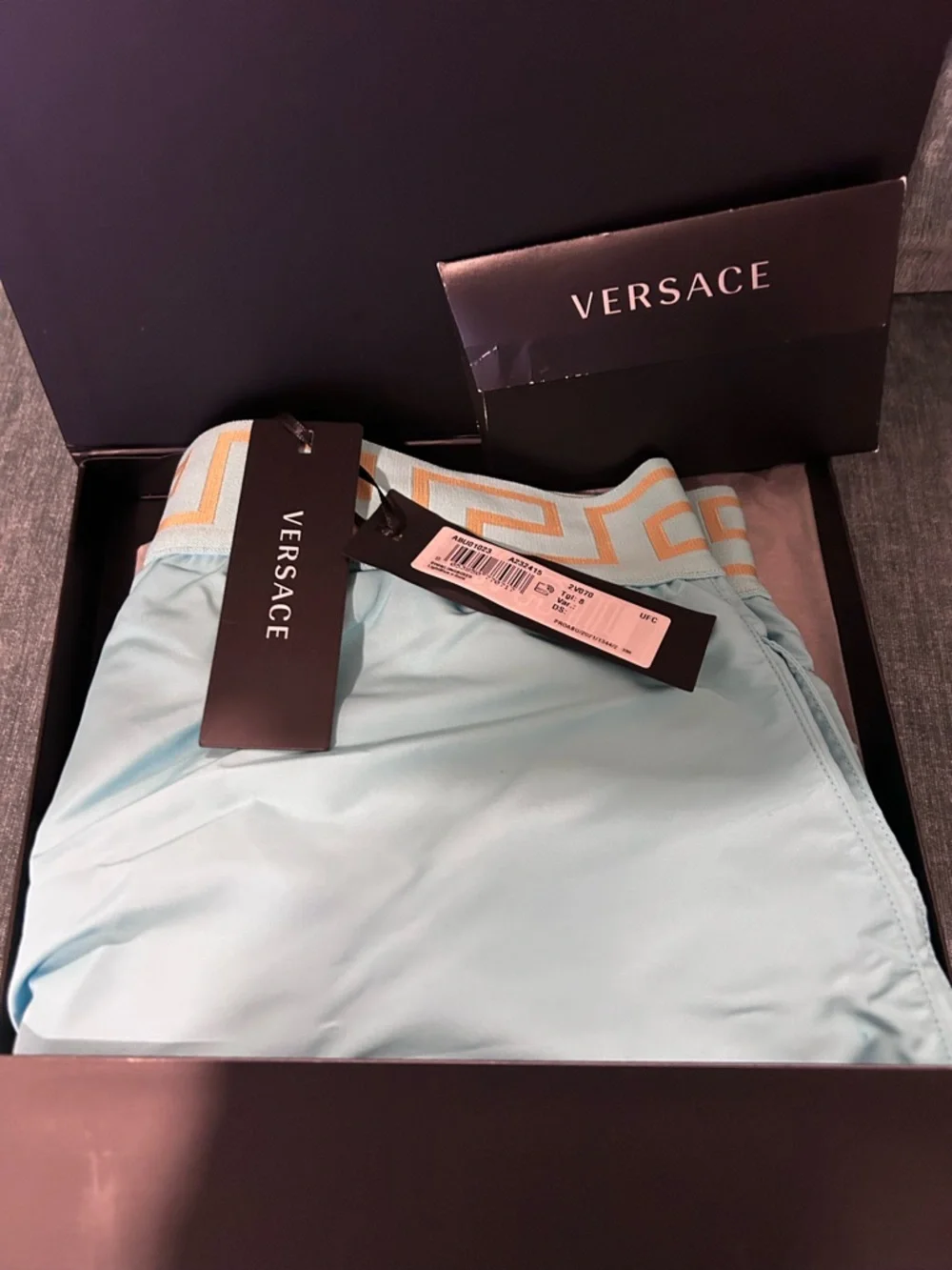 Versace Turquoise Swim Trunks with Gold Waistband - Picture 3 of 9